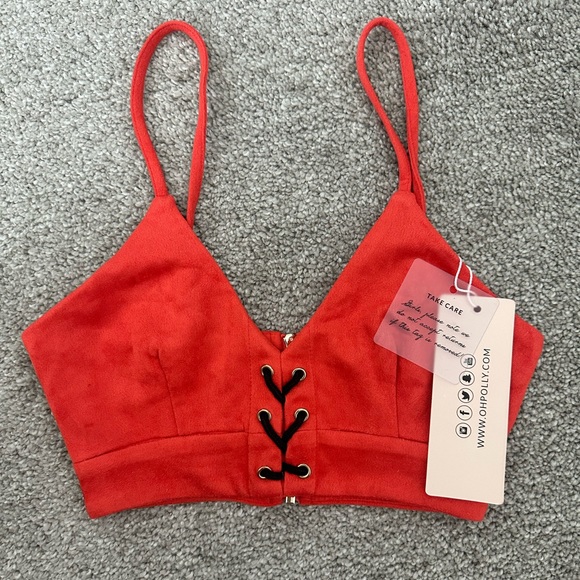 Oh Polly NEW All Eyelets On You Suede Contrast Mini Skirt and Top in Red - Picture 2 of 9